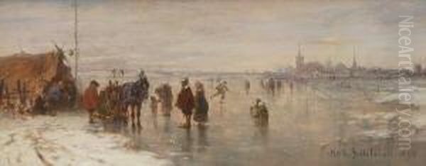 Eisvergnugen Vor Niederlandischer
 Stadt. Oil Painting by Robert Schleich