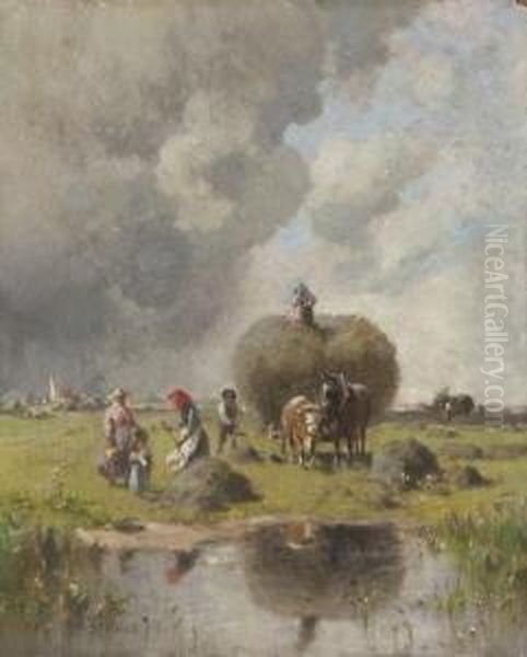 Heuernte Bei Aufziehendem
 Gewitter. Oil Painting by Robert Schleich