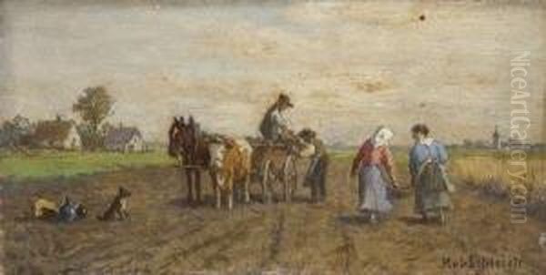 Bauern Mit Pferdefuhrwerk Auf Dem
 Acker. Oil Painting by Robert Schleich
