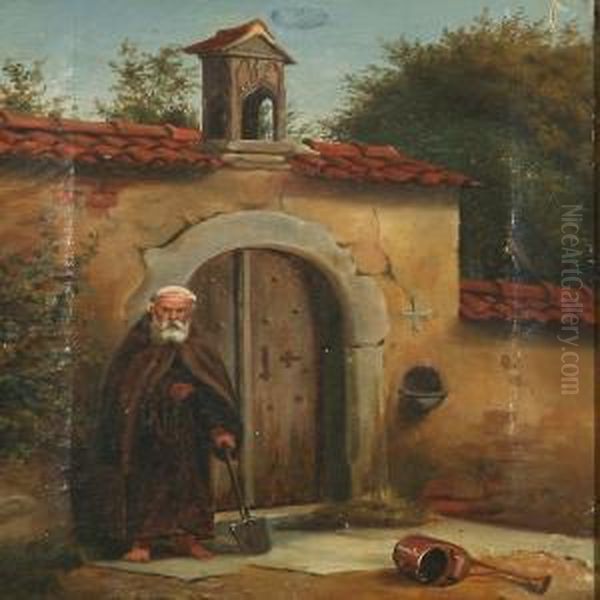 A Monk At A Port Insouthern Europe Oil Painting by Christian Andreas Schleisner