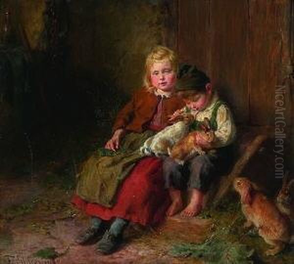 Madchen Und Kleiner Junge Im
 Stall Oil Painting by Felix Schlesinger