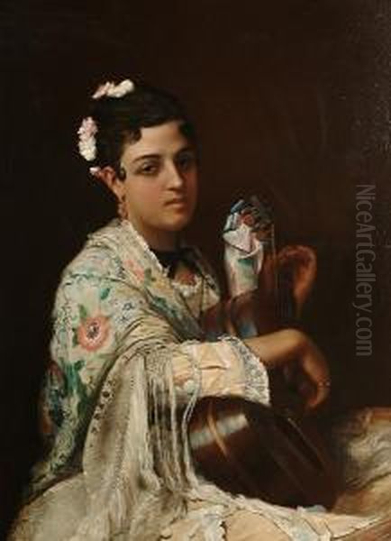 Portrait, Half Length, Of A 
Spanish Lady, Wearing An Embroidered Silk Shawl, Playing The Guitar Oil Painting by Henry Guillaume Schlesinger