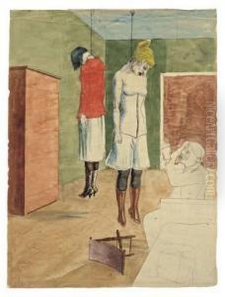 Der Kunstler Mit Zwei Erhangten Frauen Oil Painting by Rudolf Schlichter