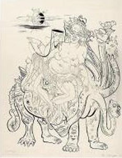 Apokalypse - Die Babylonische Hure (apocalypse - The Whore Of Babylon) Oil Painting by Rudolf Schlichter