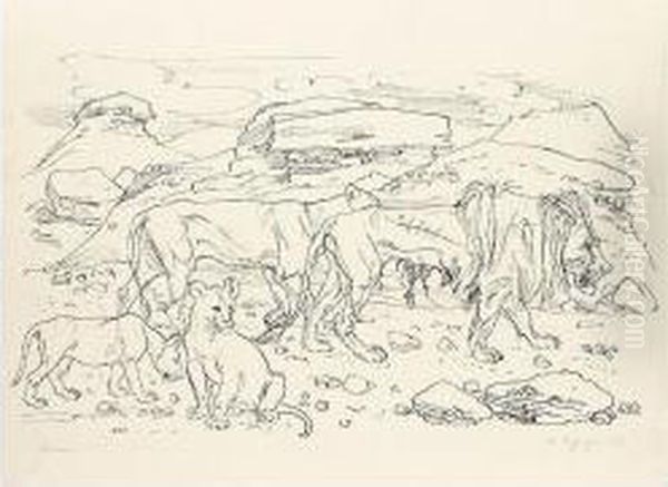 Lowen (lions) Oil Painting by Rudolf Schlichter