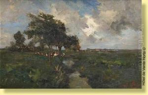 Troupeau Au Bord De La Riviere Oil Painting by Willy Schlobach