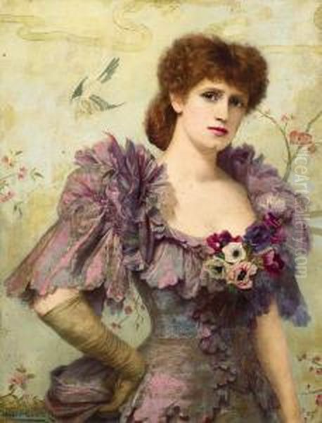 Portrait Of Lillie Langtry, Half-length, In A Purple Dress Withpoppies At Her Corsage Oil Painting by Herbert Gustav Schmalz