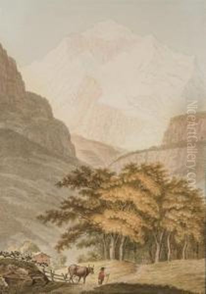 Vue Du Sommet De La Jungfrau 
Enneige, Un Paysan Avec Sa Vache Surun Chemin Au Premier Plan Oil Painting by David Alois Schmid