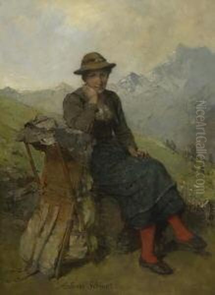 Rastende Sennerin Mit
 Kraxe. Oil Painting by Mathias Schmid