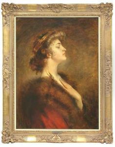 Portrait Of An Elegant Lady In 
Profile Wearing A Red Dress With A Fur Collar. Oil/cardboard, Signed Oil Painting by Leopold Schmutzler