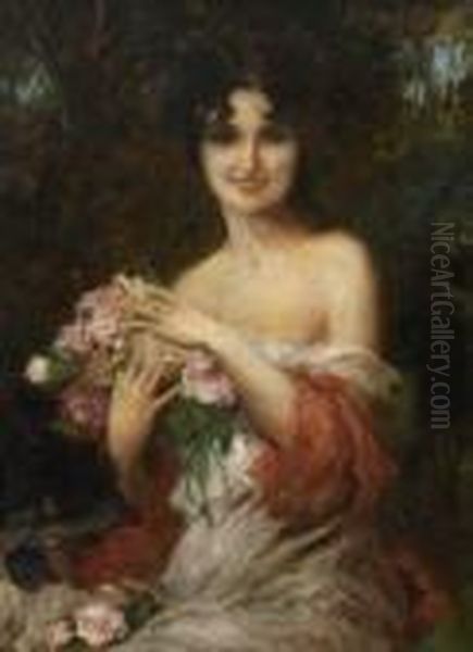 Junge Frau Mit
 Rosenbouquet. Oil Painting by Leopold Schmutzler