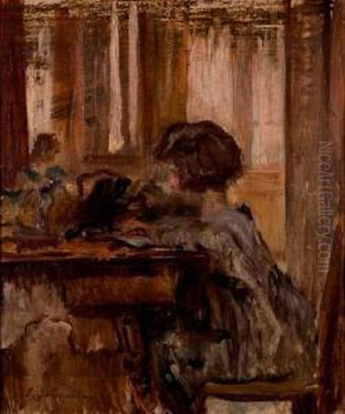 Marcelle Etudiant Dans Le Hall, Quai Saint Thomas Oil Painting by Emile Schneider