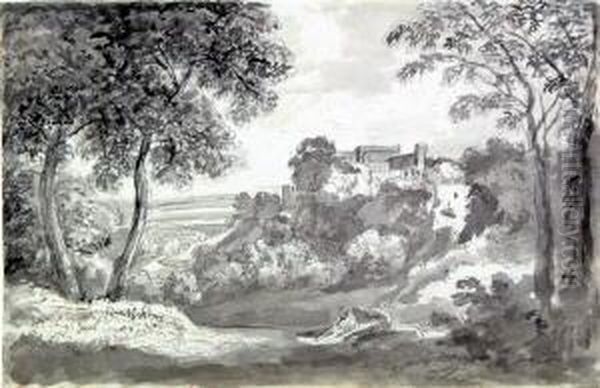 Zugeschrieben. Arkadische 
Landschaft Mit Befestigter Stadt Auf Einer Anhohe, Eingefast Von 
Baumgruppen Im Vordergrund Oil Painting by Johann Nepomuk Schodlberger