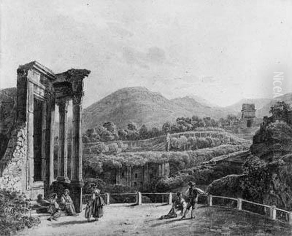The Temple Of The Sybills At 
Tivoli With Figures Overlooking Theruins Of The Villa Gregoriana Oil Painting by Johann Nepomuk Schodlberger