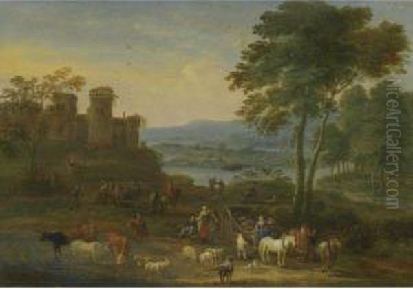 A River Landscape With Herders 
And Their Animals On A Path With Other Figures, A Village Beyond Oil Painting by Mattijs Schoevaerdts