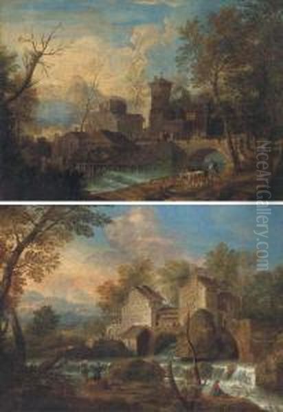 An Italianate River Landscape 
With Peasants On A Track, An Anglerand A Town Beyond; And An Italianate 
River Landscape With A Droverand His Cattle On A Track, A Water Mill 
Beyond Oil Painting by Mattijs Schoevaerdts