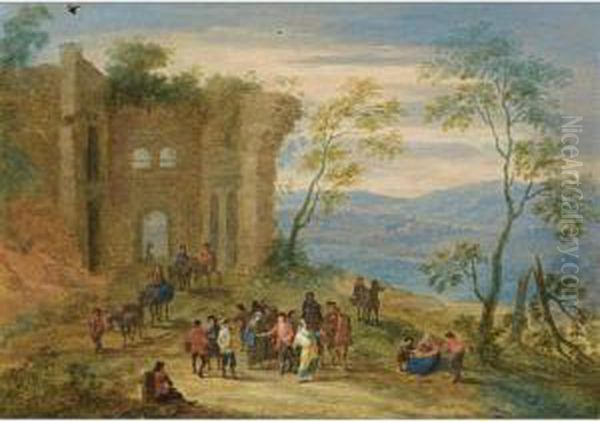A Wooded Landscape With Gypsies,
 Horsemen And Travellers Conversing And Resting Near Ruins Oil Painting by Mattijs Schoevaerdts