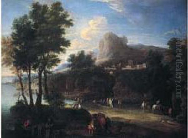 Villa Antique Pres Du Rivage Animee De Promeneurs Et De
 Pecheurs Oil Painting by Mattijs Schoevaerdts