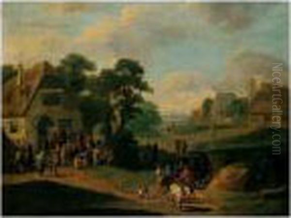 A Village Scene With Peasants 
Dancing Before An Inn, Waggoners On A Path In The Foreground Oil Painting by Mattijs Schoevaerdts