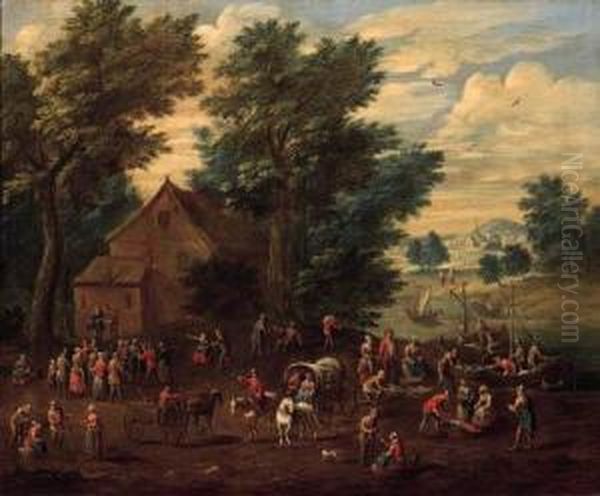 Village Fairs With Peasants And 
Numerous Onlookers, Fishermenunloading Their Catch On Landing Stages 
Nearby Oil Painting by Mattijs Schoevaerdts