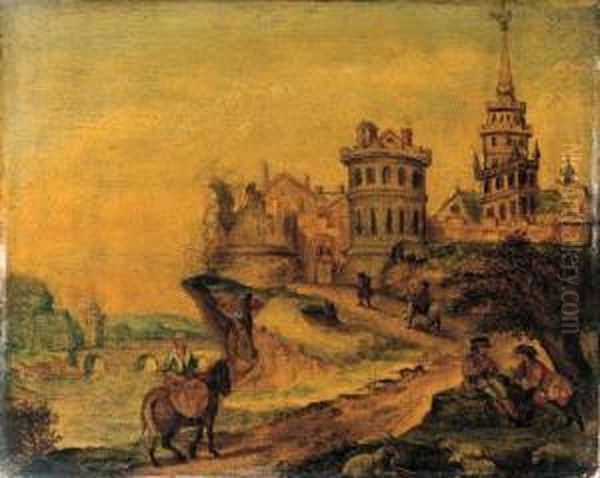 Elegant Travellers On A Path By A
 Castle; And A Peasant Womanreturning From Market On A Path By A Village Oil Painting by Mattijs Schoevaerdts