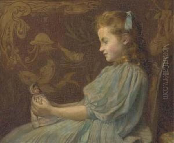 Portrait Of A Girl, Seated 
Half-length, In A Blue Dress, Holding Adoll, In An Art Nouveau Interior Oil Painting by John William Schofield