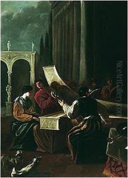 A Musical Party On A Terrace, 
With A Woman Playing The Spinet, Other Figures Singing And Playing With 
Her Oil Painting by Johann Heinrich Schonfeld