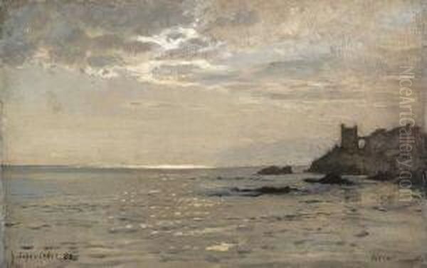 Kustenlandschaft Bei
 Nervi. Oil Painting by Gustav Schonleber