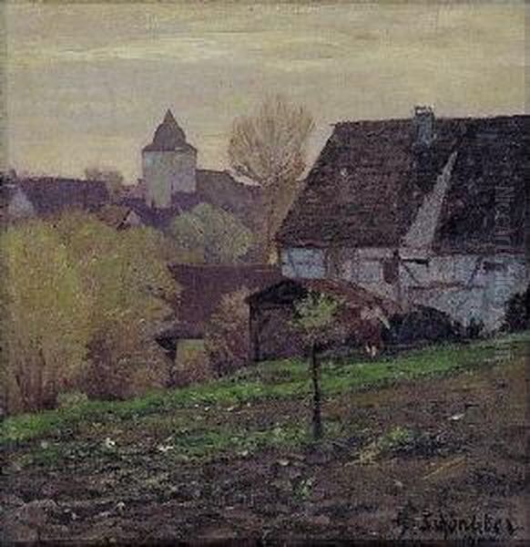 Blick Auf Eine Kleinstadt. Im 
Vordergrund, An Einem Abhang, Schreitende Bauerin. Unten Rechts Signiert
 Und Datiert G. Schonleber 19 Oil Painting by Gustav Schonleber