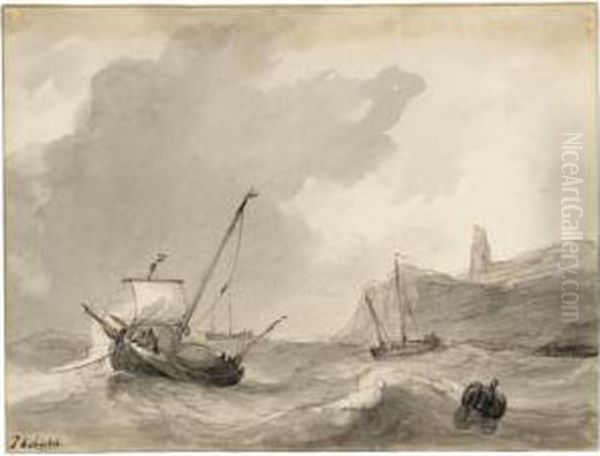 A) Beach Scene With Beached 
Boats By A Breakwater And A Man Wading In A Rough Sea; B) Boats On A 
Rough Sea, Off A Rugged Coast Oil Painting by Johannes Christian Schotel