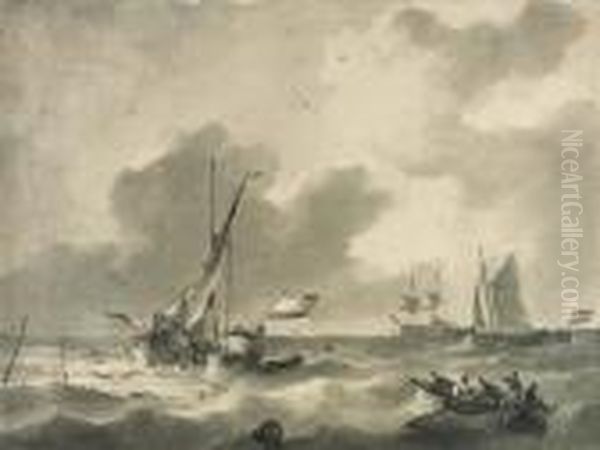 Dutch Shipping Near A Jetty In A Fresh Breeze Oil Painting by Johannes Christian Schotel