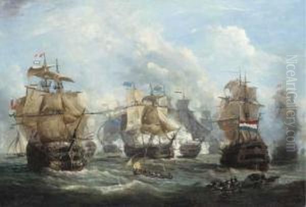 The English Flagship Venerable 
Engaging The Dutch Flagship Vrijheidat The Battle Of Camperdown, 11th 
October 1797; The Dutch Shipsstaten-generaal And Admiral De Vries To The
 Left And Rightrespectively Oil Painting by Martinus Schouman
