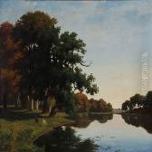 Summer Idyll With Deer At A Forest Lake Oil Painting by Axel Thorsen Schovelin