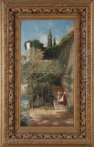Junges Paar In Bluhendem Garten Oil Painting by Peter Conrad Schreiber