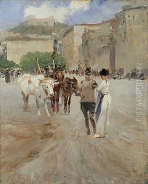 Italienische Strassenszene. 
Monogrammiert Unten Links: Ws (ligiert). Ol Auf Leinwand, Auf Holz 
Aufgezogen. H 50; B 40 Cm. Oil Painting by Wilhelm Schreuer