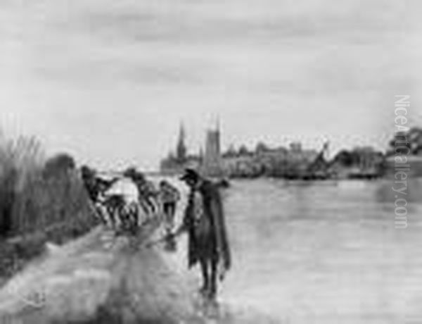 Ein Mann Im Kostum Des 18. 
Jahrhunderts Mit Drei Pferden Vor Dem Hintergrund Einer Stadt 
(dusseldorf). Oil Painting by Wilhelm Schreuer