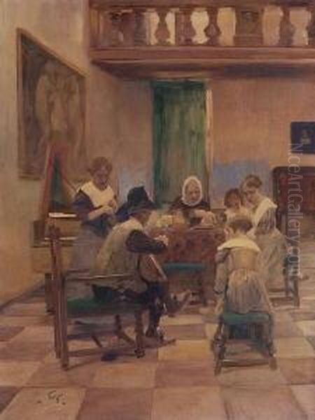 Musikalische
 Unterhaltung. Oil Painting by Wilhelm Schreuer