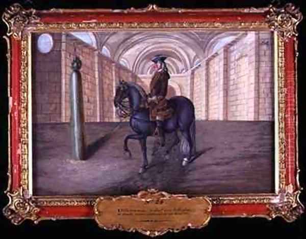 No 24 A dark grey horse of the Spanish Riding School performing dressage steps in an indoor arena Oil Painting by Baron Reis d' Eisenberg