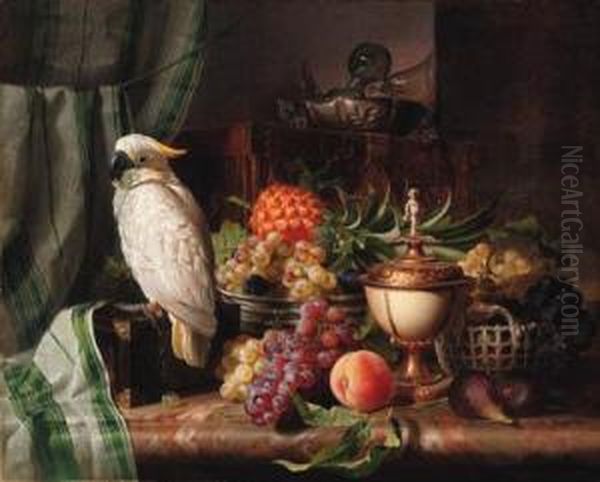 A Cockatoo, Grapes, Figs, Plums,
 A Pineapple, And A Peach Withother Objects On A Marble Ledge Oil Painting by Josef Schuster