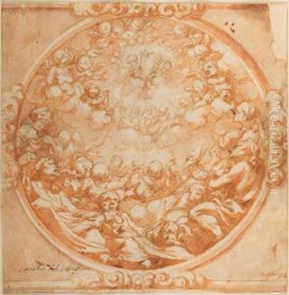 A Vision Of The Trinity 
Appearing With Angels Before Assembledsaints And Martyrs: Design For A 
Ceiling Oil Painting by Cornelis I Schut