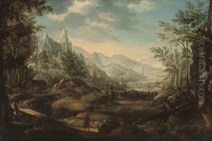 An Extensive Mountainous 
Landscape With A Traveller Crossing Abridge, A Herd Of Cattle And A Town
 Beyond Oil Painting by Christian Georg Ii Schuz