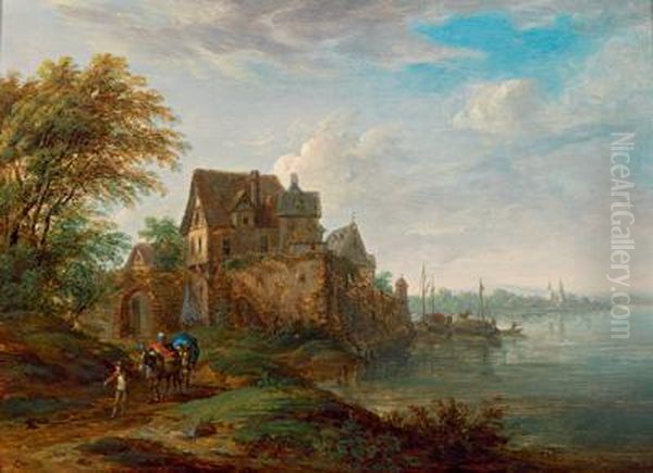 Paesaggio Fluviale Boschivo Con Imbarcazioni Di Pescatori E Viaggiatori Su Un Sentiero Oil Painting by Christian Georg Ii Schuz