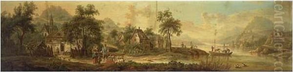 Schutz The Elder, An Extensive 
River Landscape With Travellers On A Path In A Village And Figures In A 
Sailing Boat To The Right Oil Painting by Christian Georg Ii Schuz