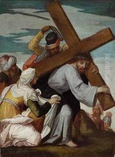 6. Kreuzwegstation. Christus 
Fallt Unter Dem Kreuz Und Veronika Reicht Ihm Das Schweistuch. Oil Painting by Christoph Schwarz