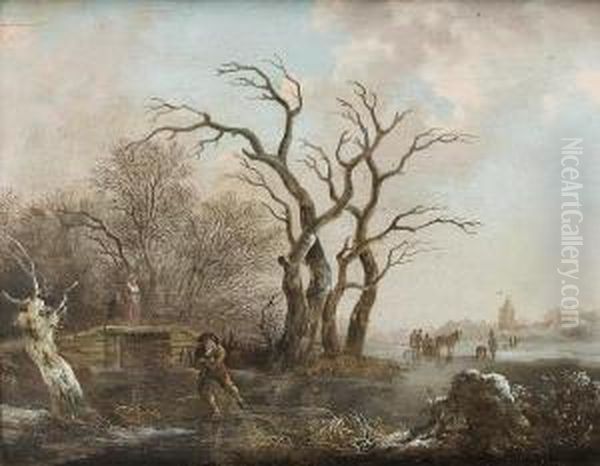 A Winter Landscape With A Man 
Walking His Dogbeside A Frozen River With Skaters And A Windmill Beyond Oil Painting by Hendrick Willelm Schweickhardt