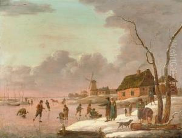 A Winter Landscape With Skaters 
On A Frozen River And Townsfolk Onthe Banks, A Windmill Beyond Oil Painting by Hendrick Willelm Schweickhardt