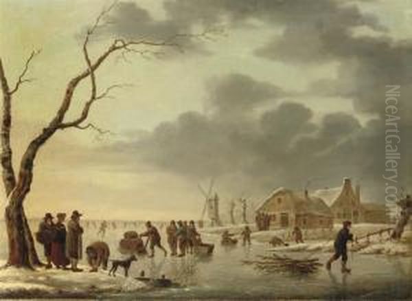 A Winter Landscape With Peasants
 Skating On A Frozen River, A Village And A Windmill Beyond Oil Painting by Hendrick Willelm Schweickhardt