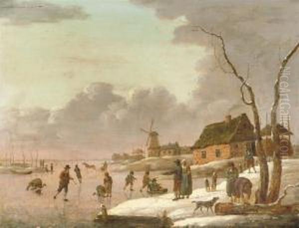 A Winter Landscape With Skaters 
On A Frozen River And Townsfolk On The Banks, A Windmill Beyond Oil Painting by Hendrick Willelm Schweickhardt