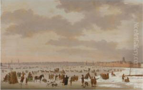 A Winter Landscape In Rotterdam 
With Skaters, Horse Drawn Carriages And Other Figures On The Frozen Maas
 River Oil Painting by Hendrick Willelm Schweickhardt