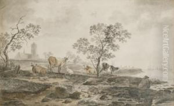 A River Landscape With A 
Herdsman Resting And Cows Grazing Near The Banks, A Church Beyond Oil Painting by Hendrick Willelm Schweickhardt